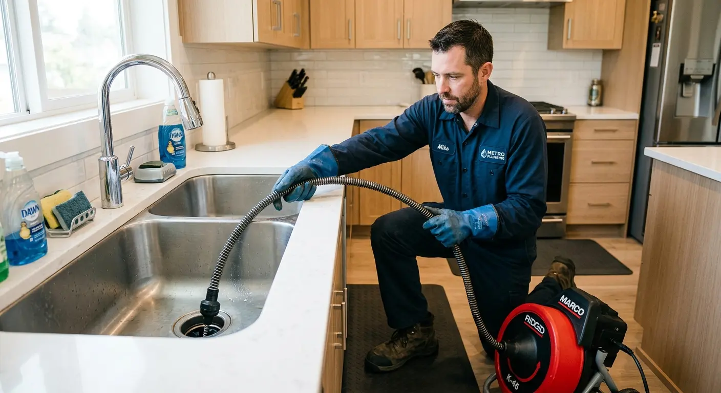 Drain cleaning technician using a motorized snake on a kitchen sink in Ingleside
