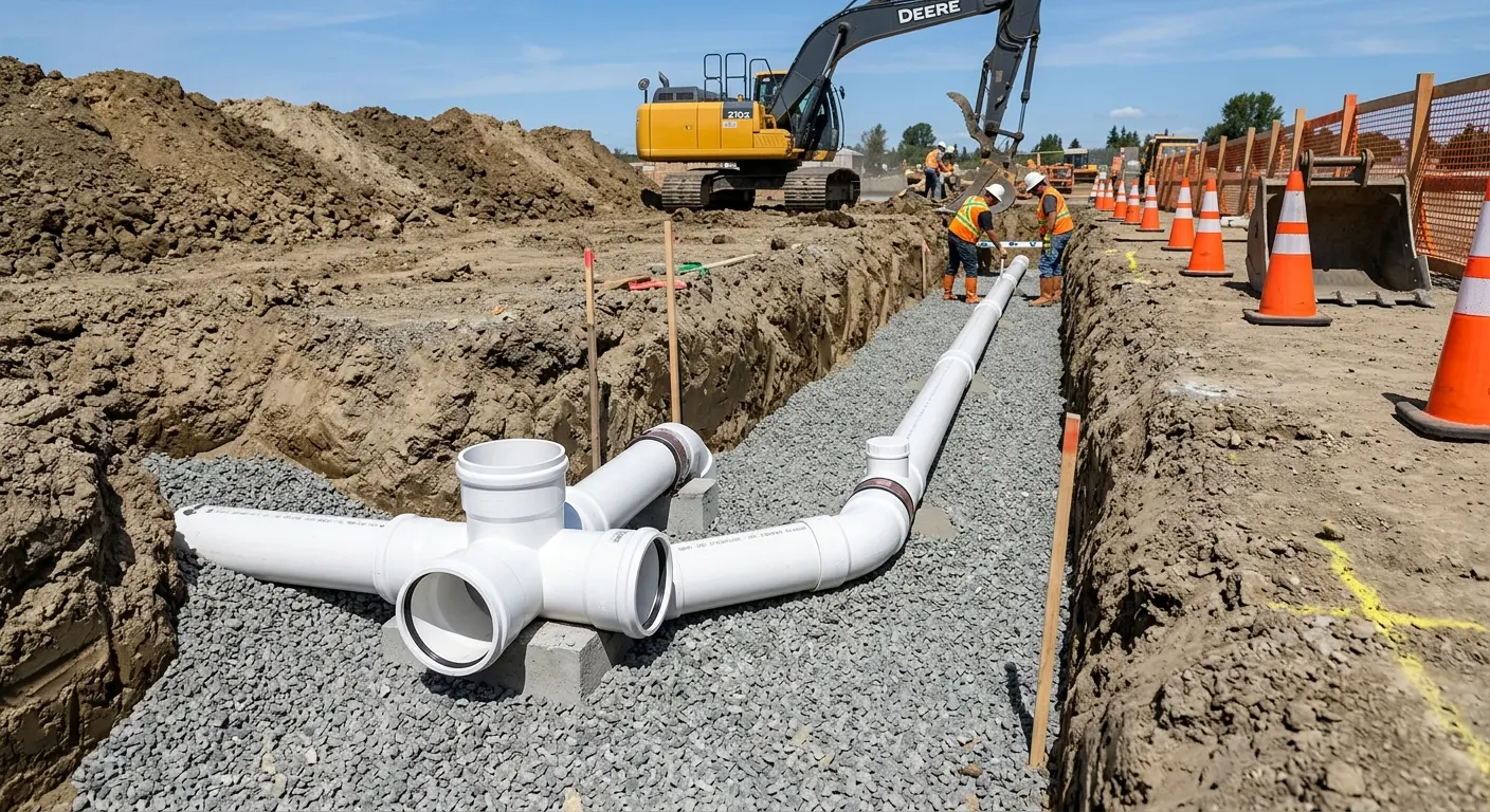 New PVC sewer pipe installation in open trench for Grease Trap Cleaning in Ingleside
