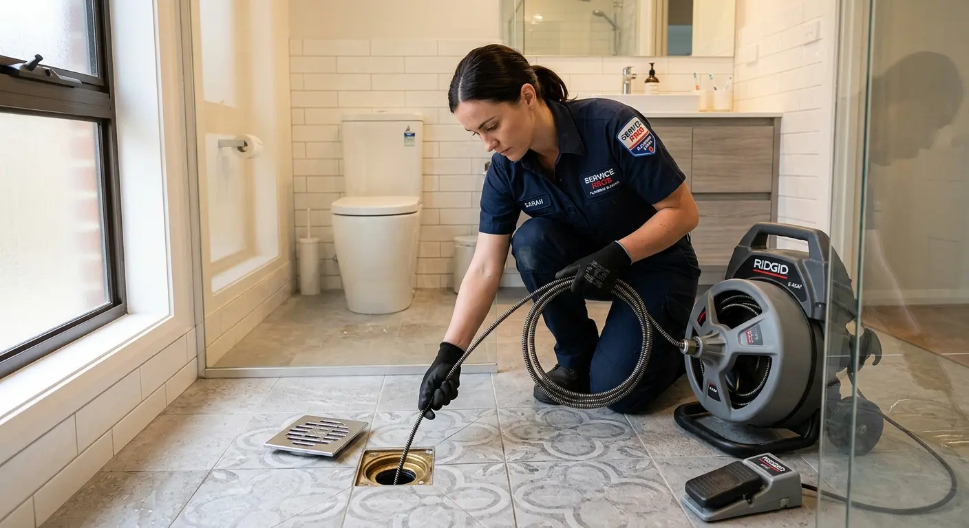 Technician clearing a bathroom floor drain for Drain Repair in Ingleside